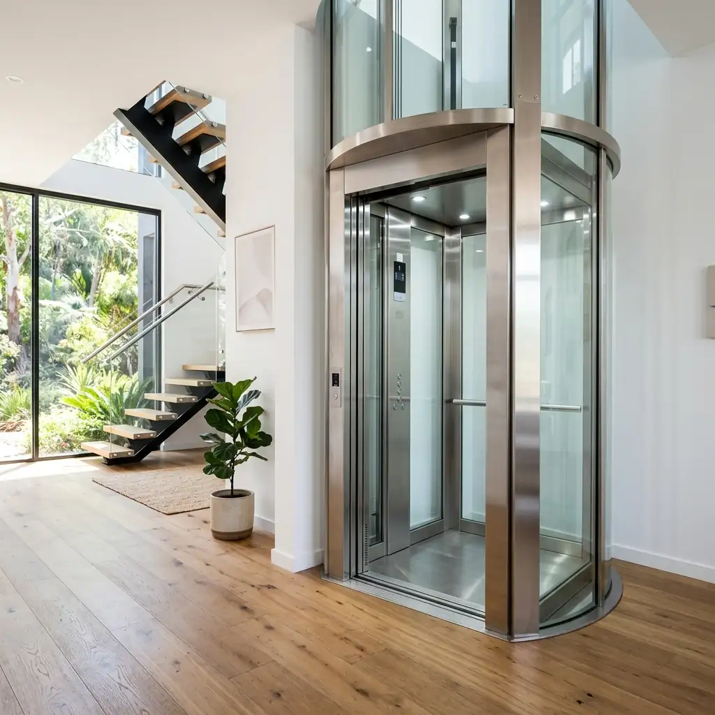 A glass-panelled residential home lift cabin in a contemporary Australian home