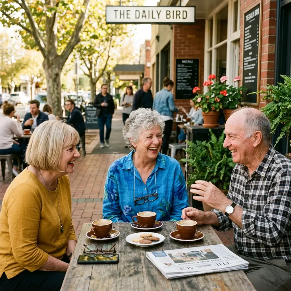A happy retiree enjoying a flat white coffee at their local neighbourhood café on a sunny Australian morning
